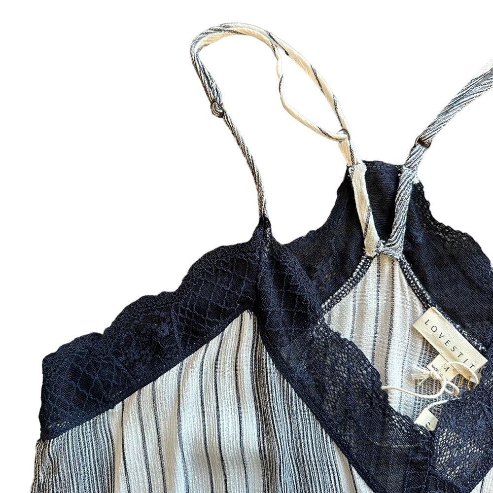 NWT Lovestitch Striped Camisole Tank with Lace Navy & Ivory Sz M - Picture 3 of 13